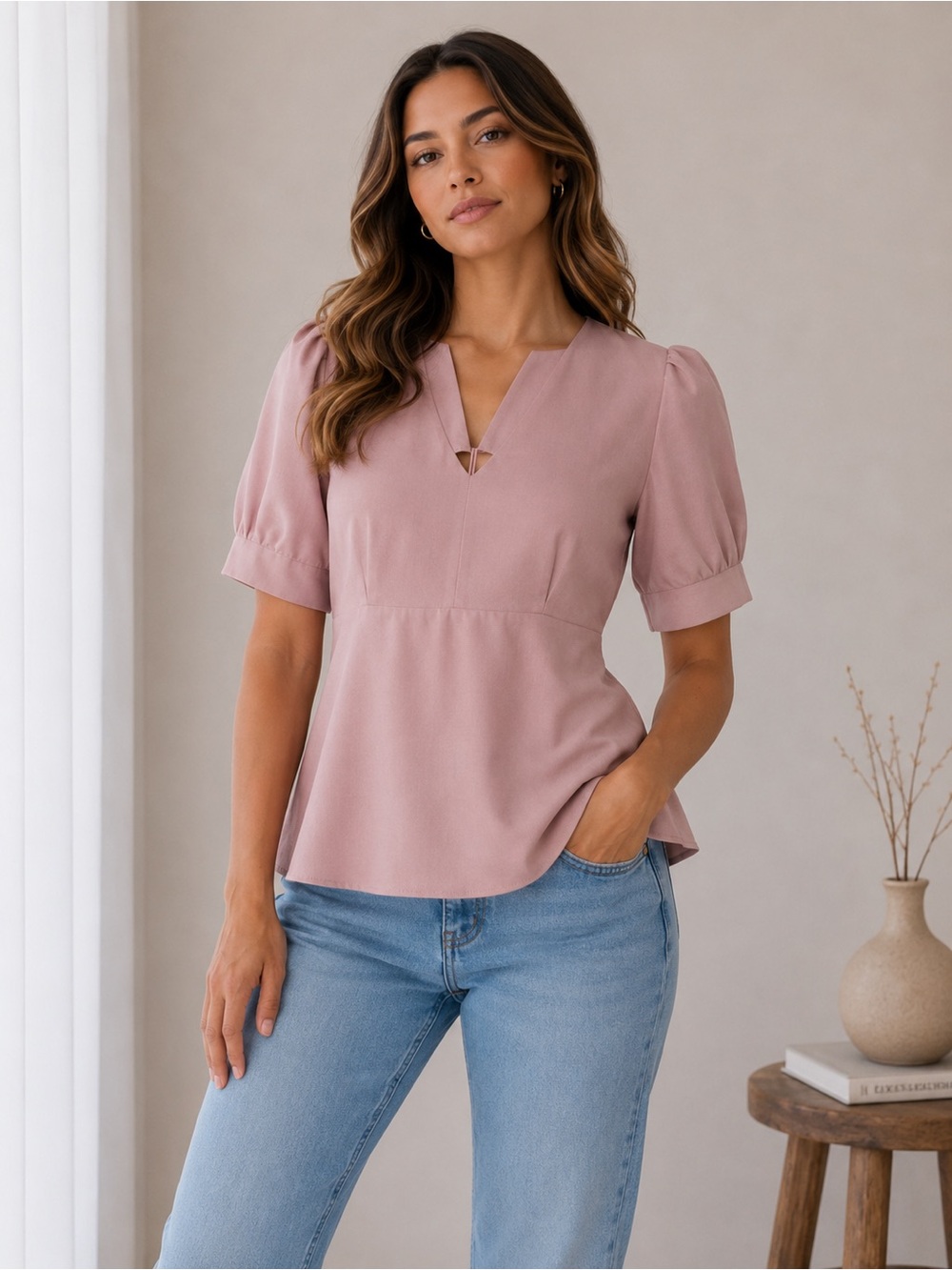 Manufacturers‎ of Ultimate Trends Dusty Pink Peplum Blouse M/L Puff Sleeve Top
